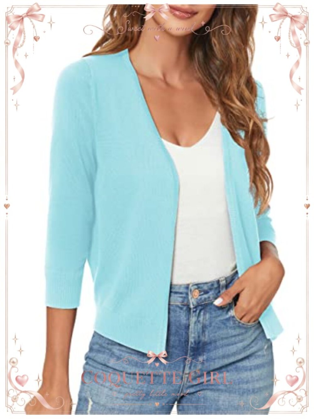 3/4 Sleeve Open Front Cropped Shrug Cardigan Loose Knit